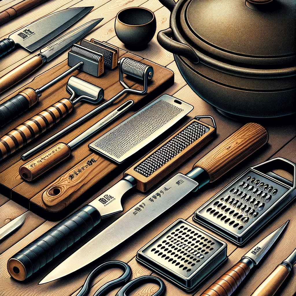 Assortment of Japanese cooking tools including Yanagiba knife, Moribashi chopsticks, traditional graters, and a Donabe clay pot.