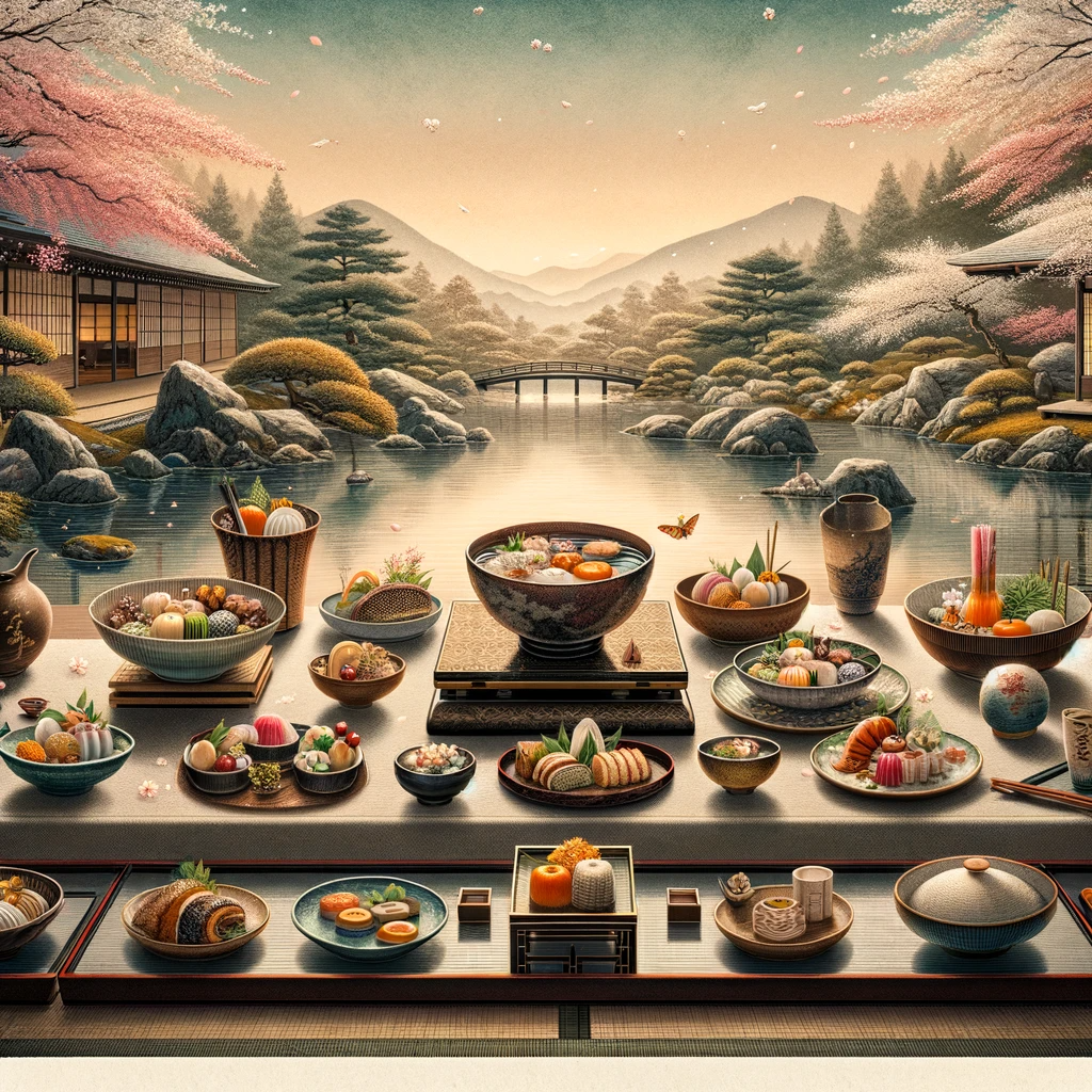 An elegant illustration of Kaiseki cuisine, featuring a traditional meal set on a low dining table in a serene Japanese garden with a stream and cherry blossoms, emphasizing harmony, seasonal ingredients, and artistic presentation.