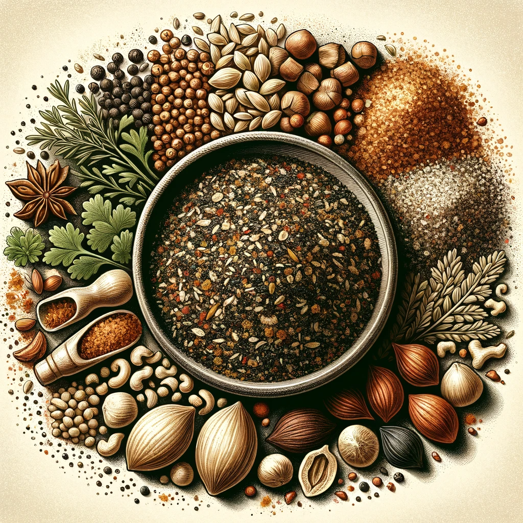 Illustration of a bowl of Dukkah, a blend of roughly chopped nuts, seeds, and herbs, surrounded by ingredients like coriander seeds, cumin seeds, black and white sesame seeds, toasted hazelnuts, and pine nuts.