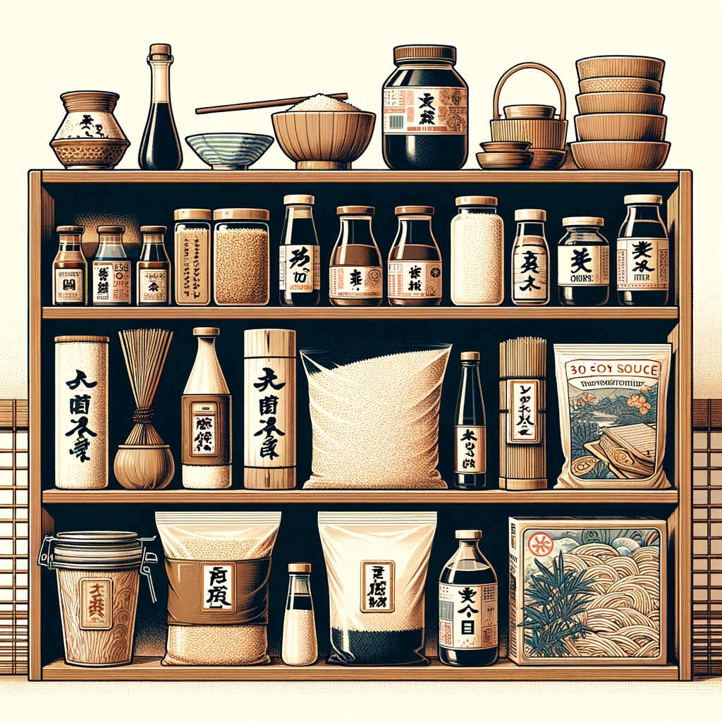 A detailed illustration of a Japanese kitchen pantry with essentials like soy sauce, rice vinegar, short-grain rice, miso paste, pickled ginger, dried seaweed, dashi, and soba noodles on wooden shelves, set against a minimalist Japanese aesthetic background with bamboo accents.