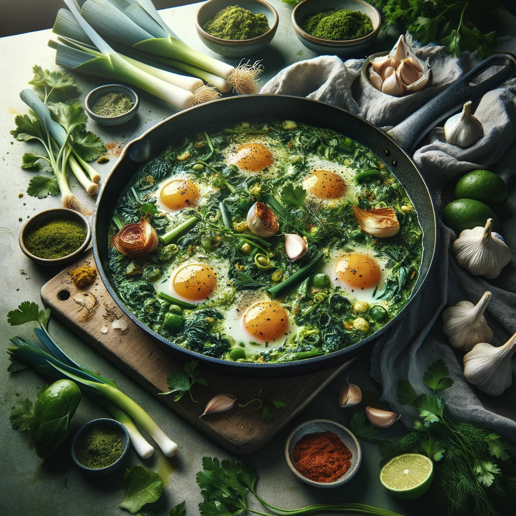 Elegant presentation of Green Herb Shakshuka in Neom.Cooking style, with eggs in a green sauce made of herbs and spices, garnished with Rose Harissa and crispy garlic, served in a sauté pan.