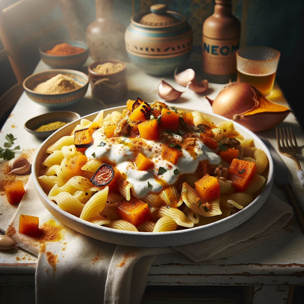 Neom.Cooking style Mafalda Pasta with Quick Shatta, showcasing creamy Greek yogurt sauce, roasted butternut squash, onion, and a spicy shatta topping, garnished with parsley.
