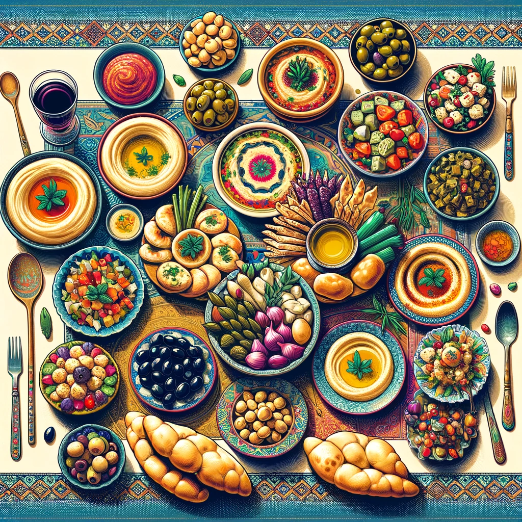 An illustration of a mezze spread featuring various dishes like hummus, baba ganoush, tabbouleh, olives, and stuffed grape leaves, presented in an informal yet elegant Neom.Cooking style.