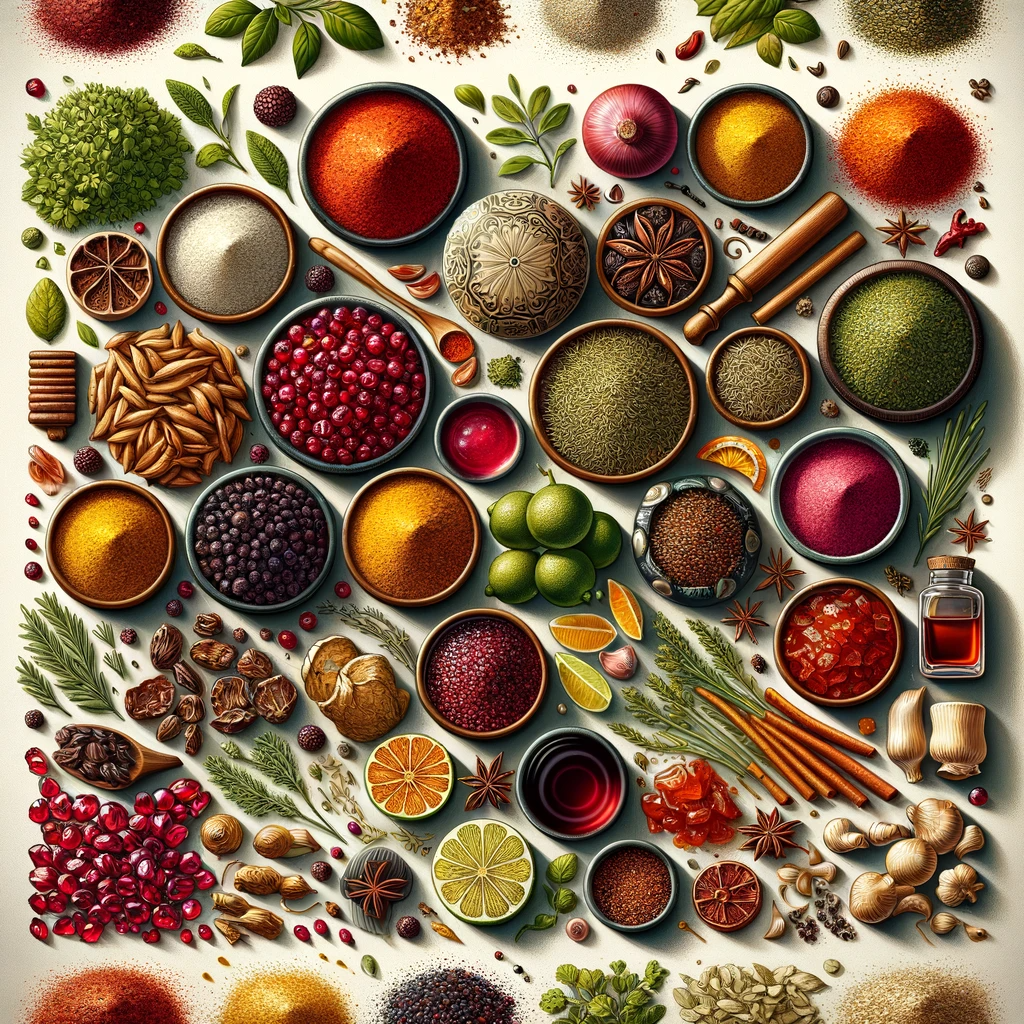 An array of Middle Eastern spices and condiments including Za’atar, Baharat, Sumac, Barberries, dried limes, Pomegranate molasses, Aleppo pepper, and Urfa biber, each displayed in a distinct section against a neutral background.