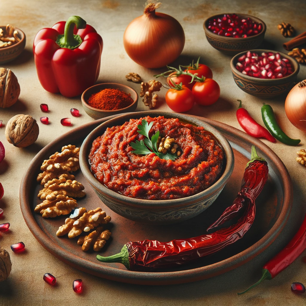 A serving plate or bowl of Muhammara, a Syrian and Lebanese roasted pepper dip, surrounded by ingredients like red bell peppers, onions, tomatoes, and pomegranate seeds, in Neom.Cooking Style.