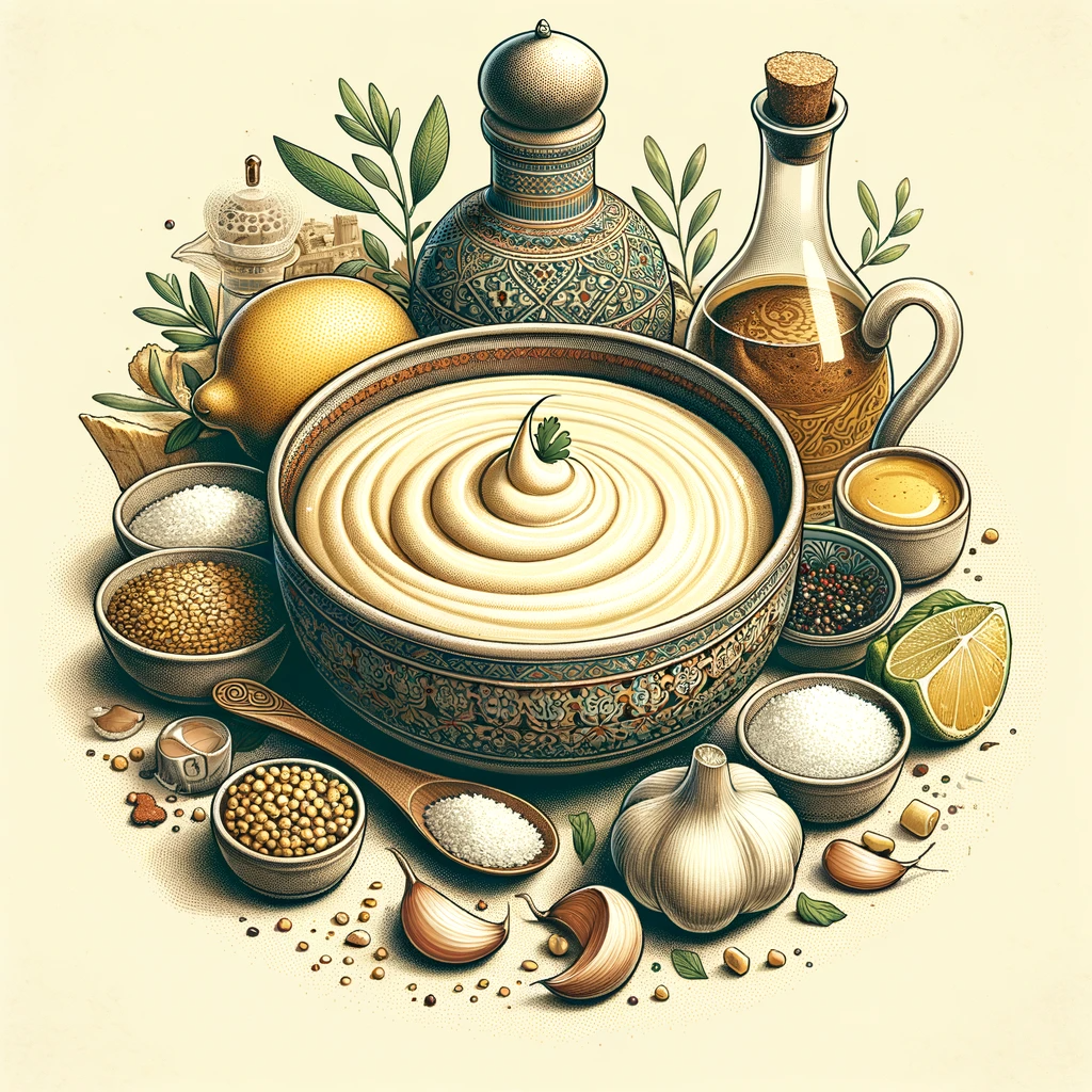 Arabic style illustration of a creamy bowl of Tahini Sauce, garnished with fresh herbs, surrounded by sesame seeds, lemon, and garlic, set against a neutral and elegant background.