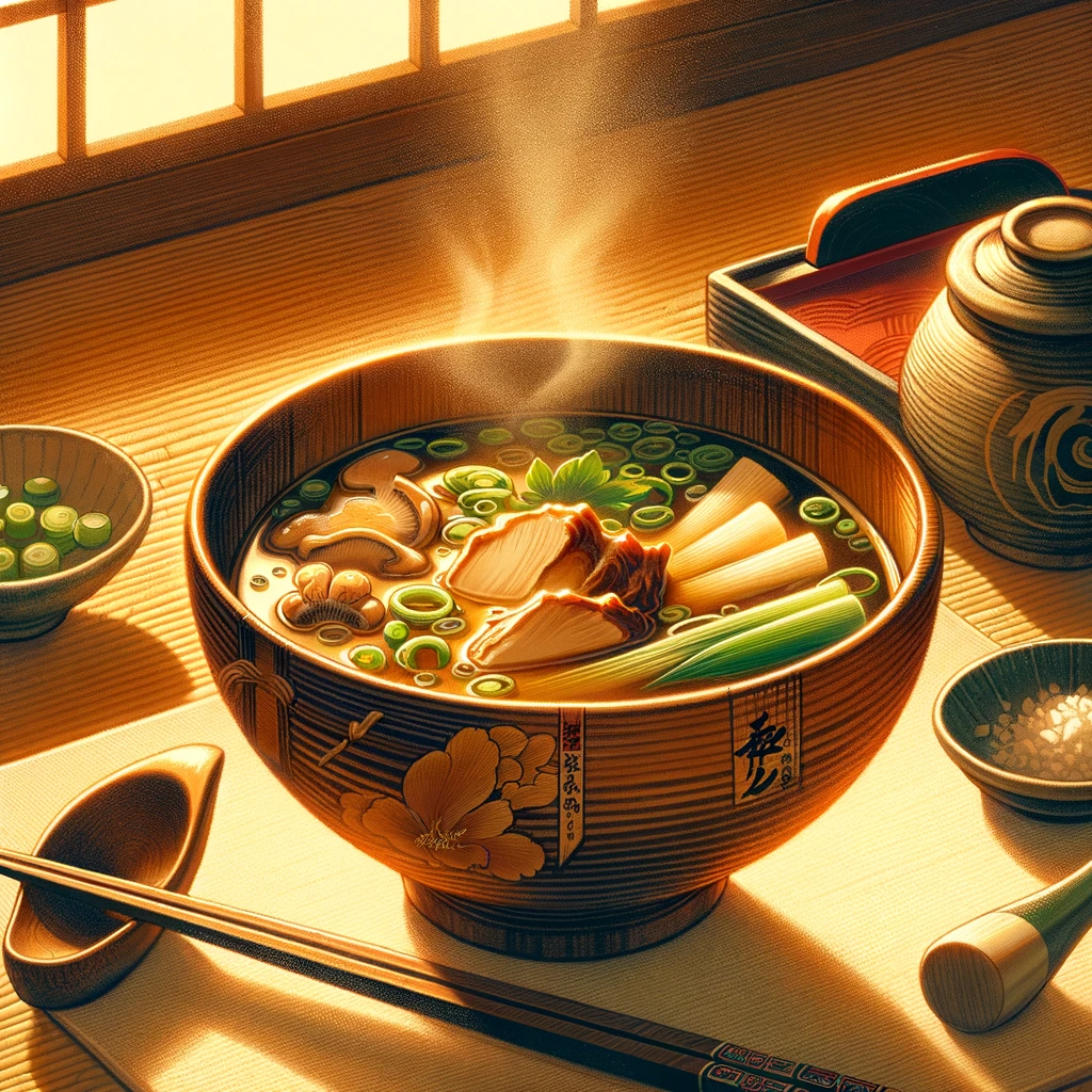 Cozy illustration of Owan soup in a lacquered bowl, filled with rich bone broth, green onions, mushrooms, and meat, set on a wooden table with chopsticks and a ceramic spoon.