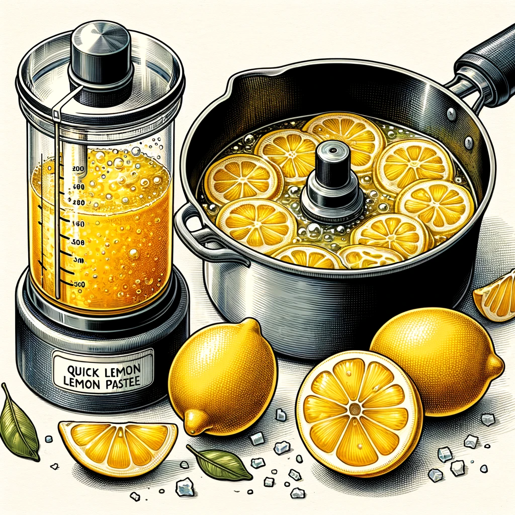 Illustration showing the process of making Quick Lemon Paste, with lemon slices simmered in lemon juice and salt in a saucepan, and the final smooth paste in an airtight container, set against a neutral background.