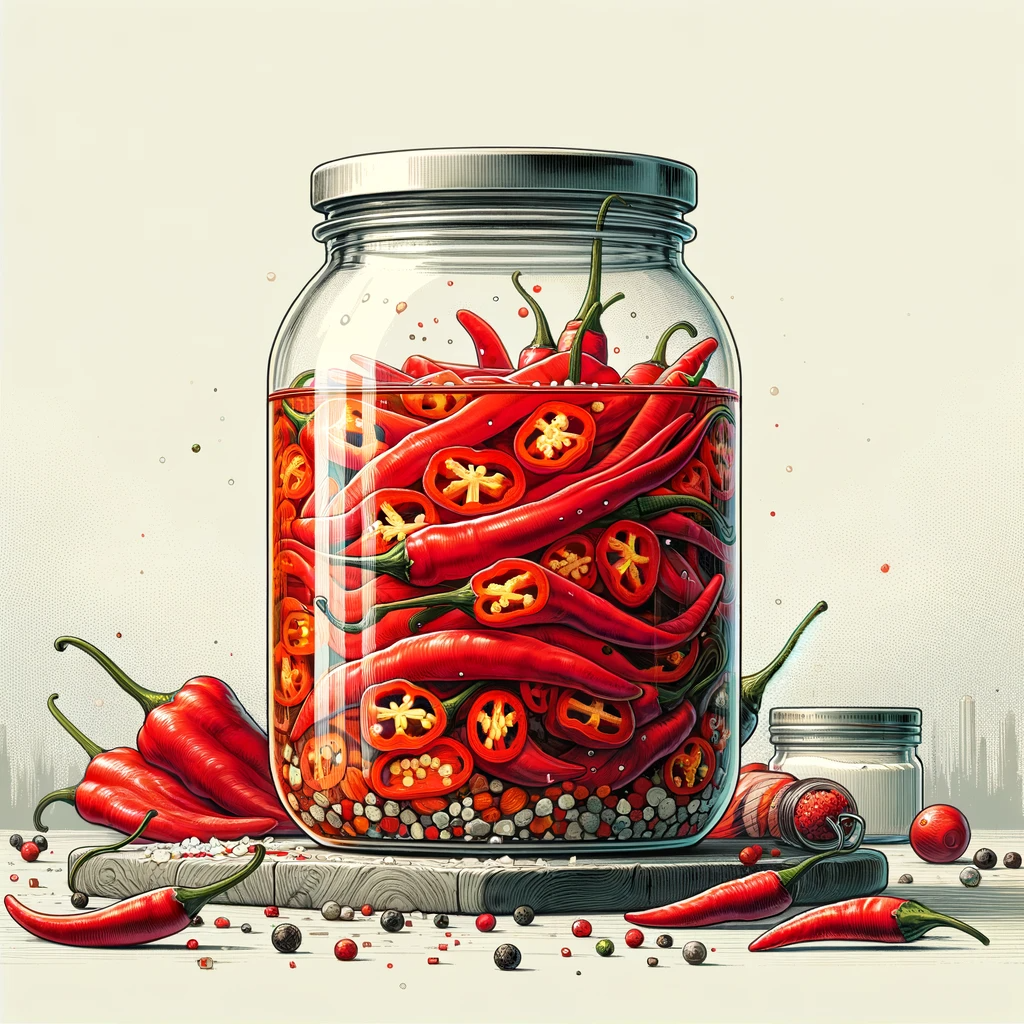 A glass jar filled with vibrant red quick-pickled chilies, thinly sliced, in a clear pickling liquid of apple cider vinegar, sugar, and salt, set against a simple, neutral background. Modern NEOM Cooking