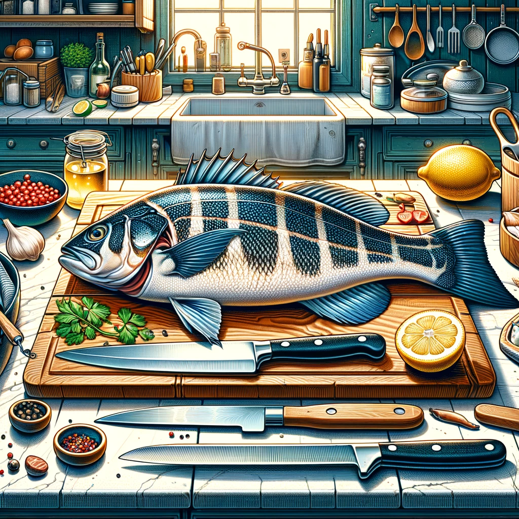 Illustration of Rockfish preparation on a kitchen countertop with a fillet knife, cutting board, and kitchen scissors, surrounded by lemon slices, fresh herbs, and spices.