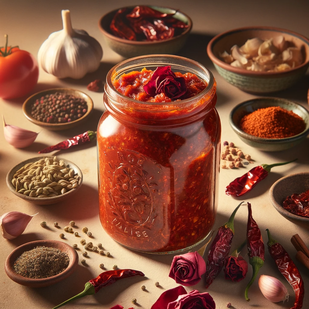 A jar of homemade Rose Harissa enriched with rosewater and dried rose petals, surrounded by ingredients like dried chilies, garlic, and spices, set against a simple, earth-toned background.