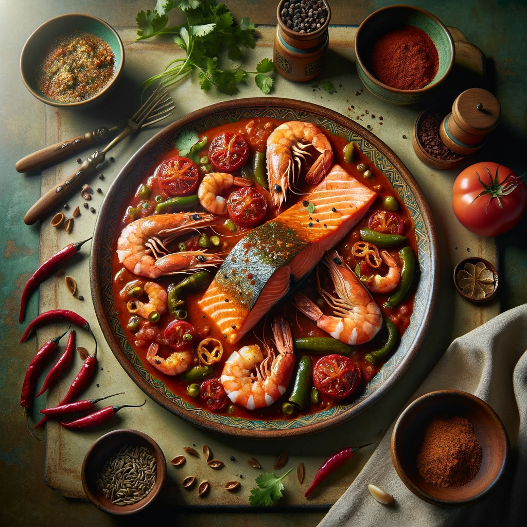 A Feast for the Senses: Salmon and Prawns in Spicy Tomato Sauce in Neom City