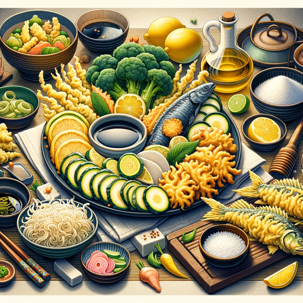 Colorful and detailed illustration of Rockfish and Vegetable Tempura, featuring golden, crispy broccoli, zucchini, sweet potato, and rockfish slices on a serving plate with a bowl of tempura dipping sauce, grated daikon, ginger, and lemon wedges.